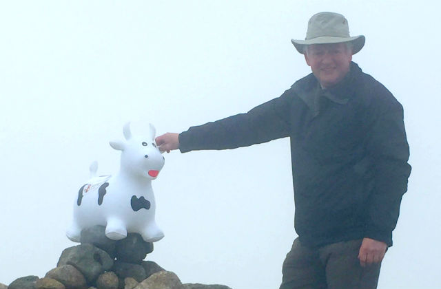 Robert Heuy and inflatable cow cairn top of Slieve Donard.