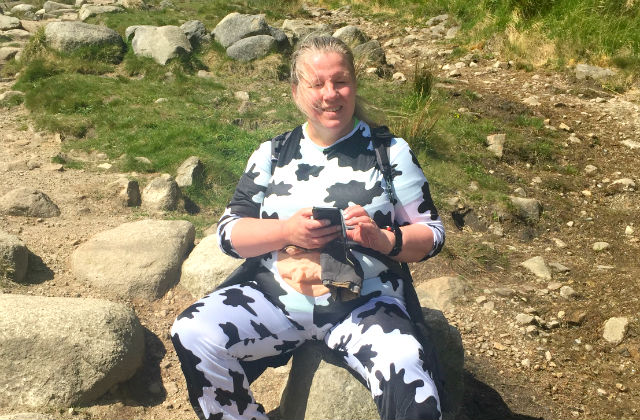 Sheila Voas, CVO Scotland sporting her cow onesie for the hike.