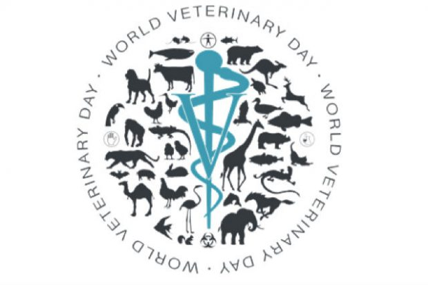 World Vet day logo with the caption in a circle and animal silhouettes in the centre